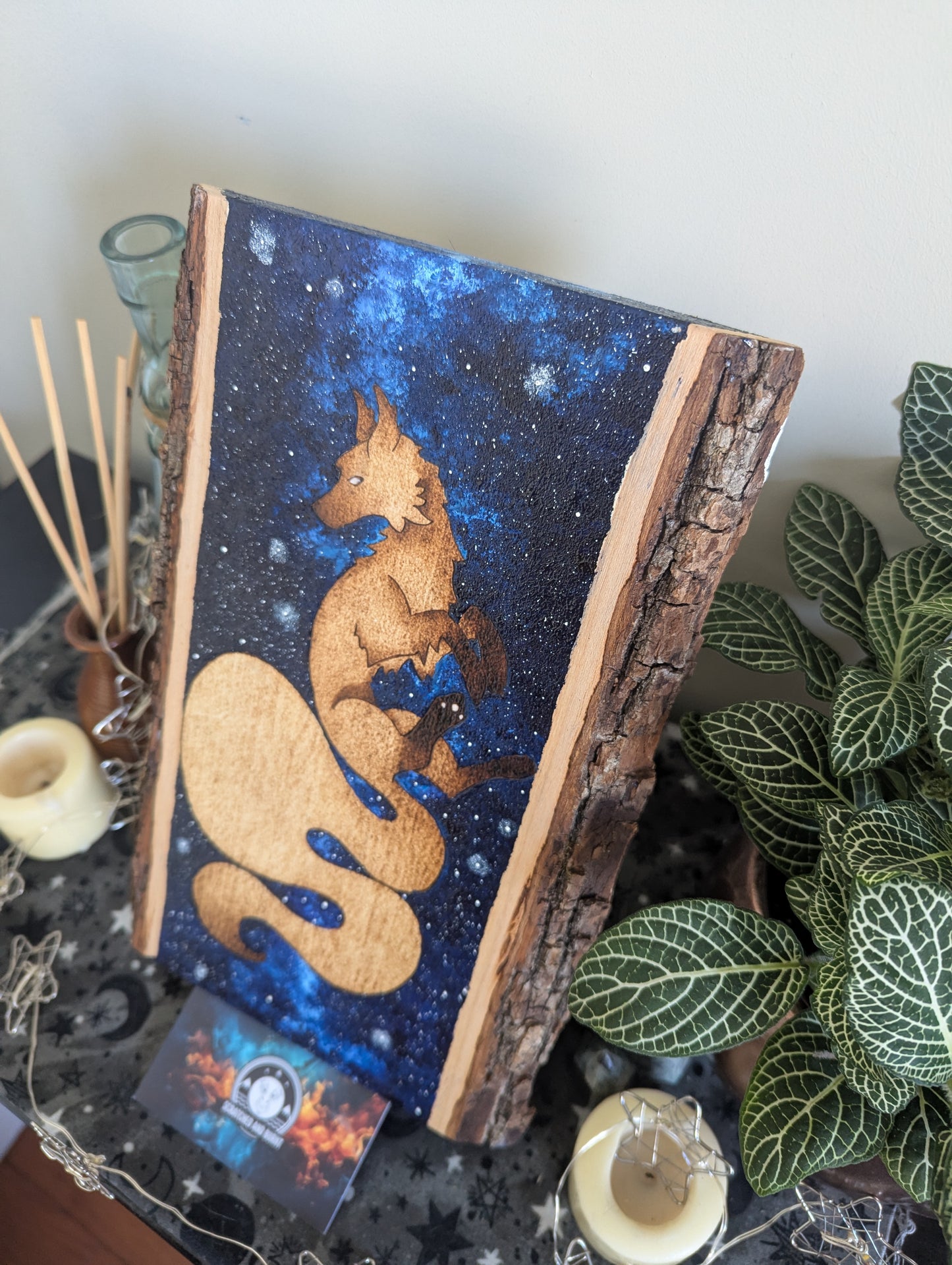 'Starbound Fox', Pyrography with Acrylics on Wood, Desk/Wall Art