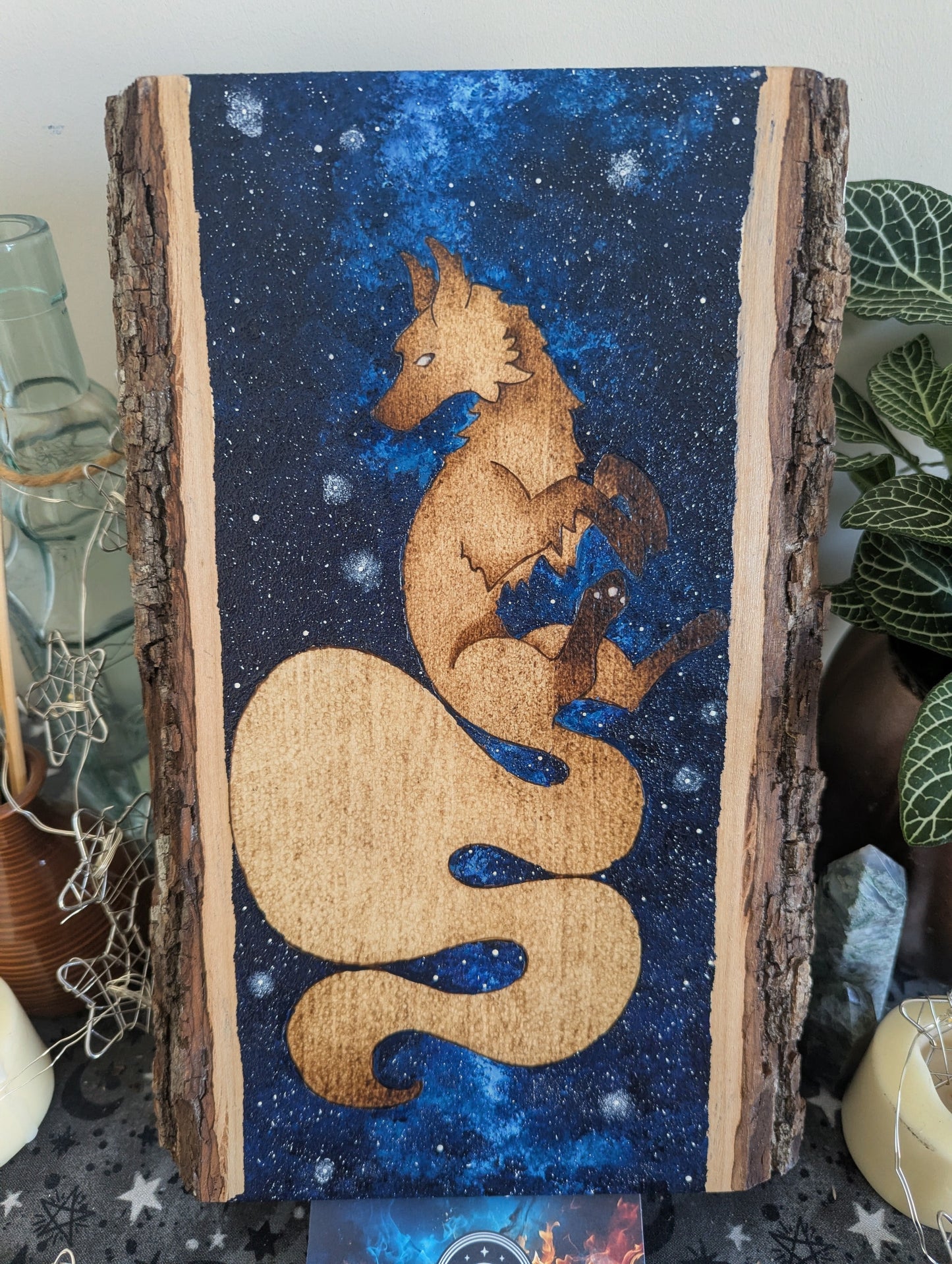 'Starbound Fox', Pyrography with Acrylics on Wood, Desk/Wall Art