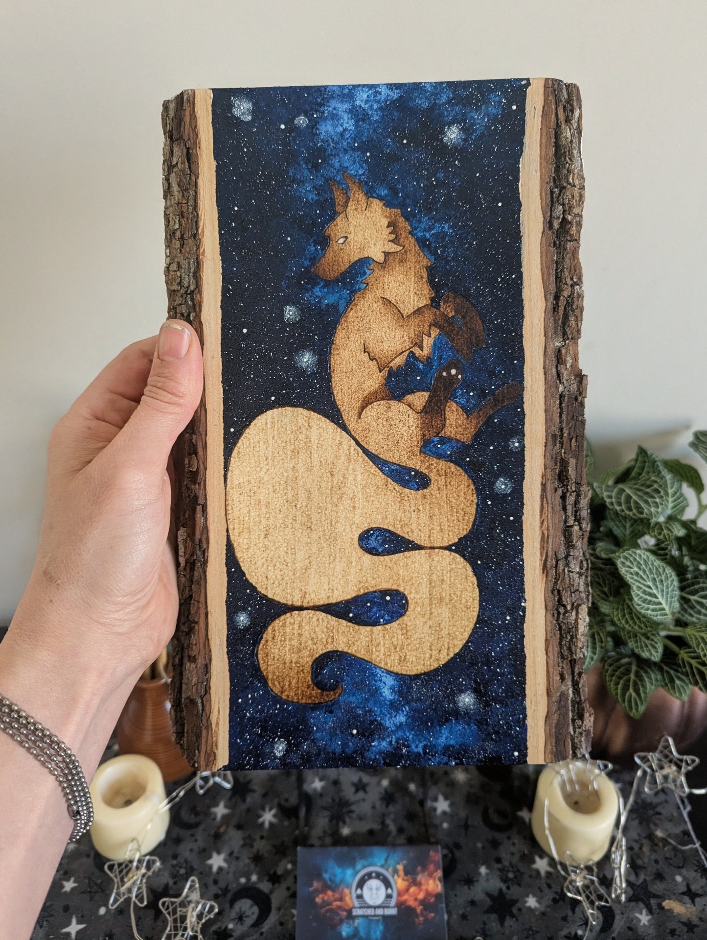 'Starbound Fox', Pyrography with Acrylics on Wood, Desk/Wall Art