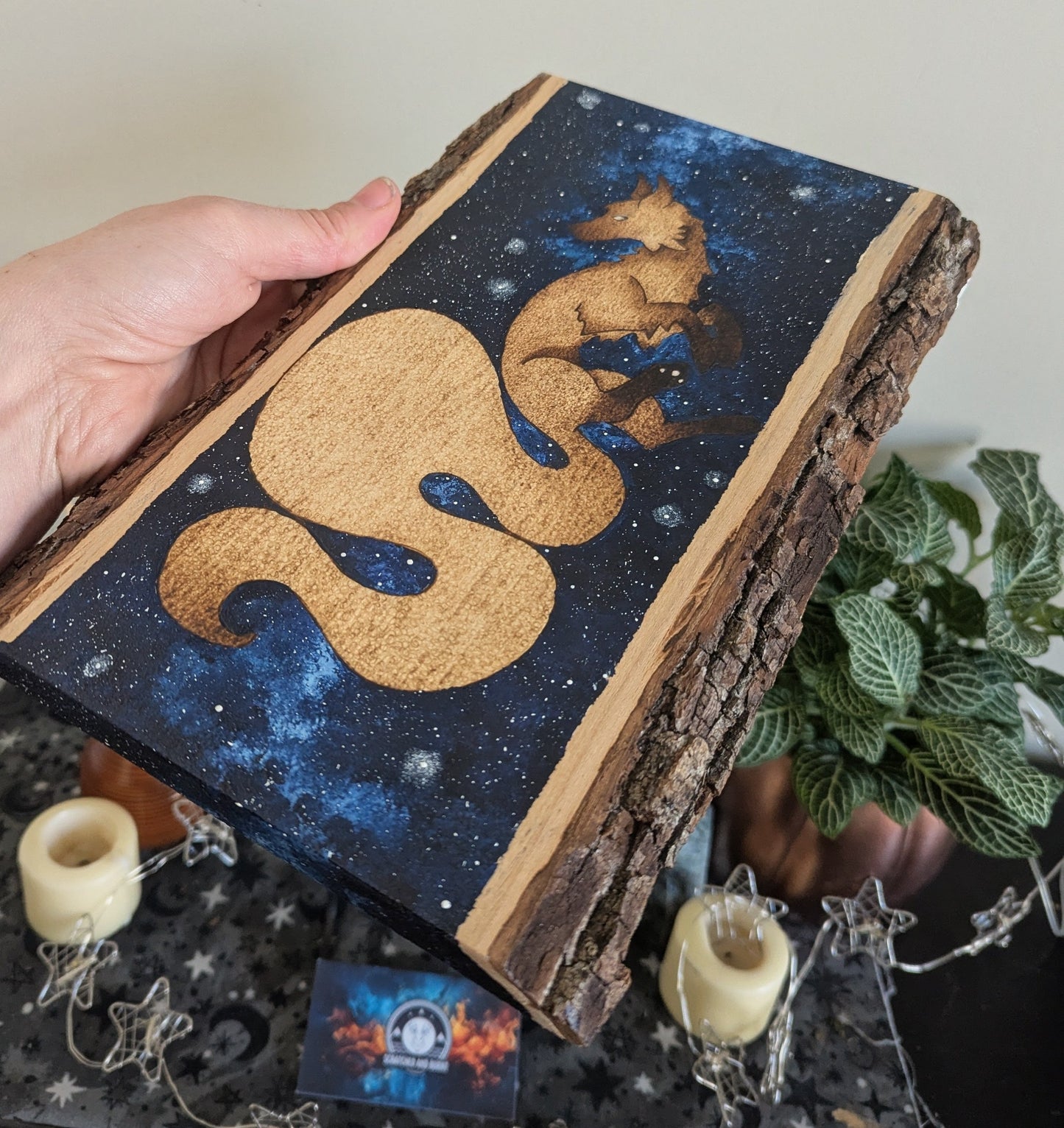 'Starbound Fox', Pyrography with Acrylics on Wood, Desk/Wall Art