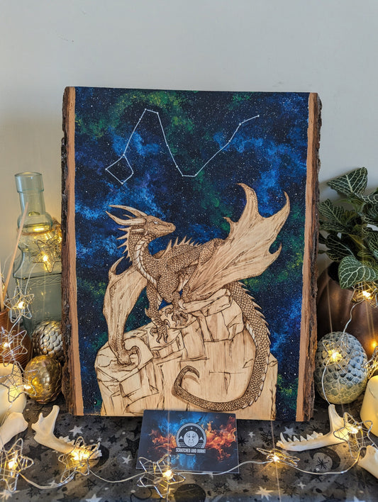 'Draco’s Vigil', Pyrography with Acrylics on Wood, Desk/Wall Art