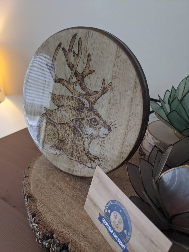 Baby Jackalope Pyrography Art on Wooden Décor Table