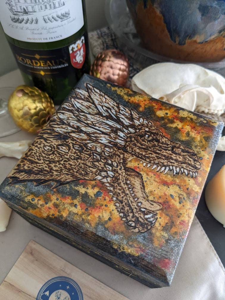 Wooden Box With Dragon Fire Art