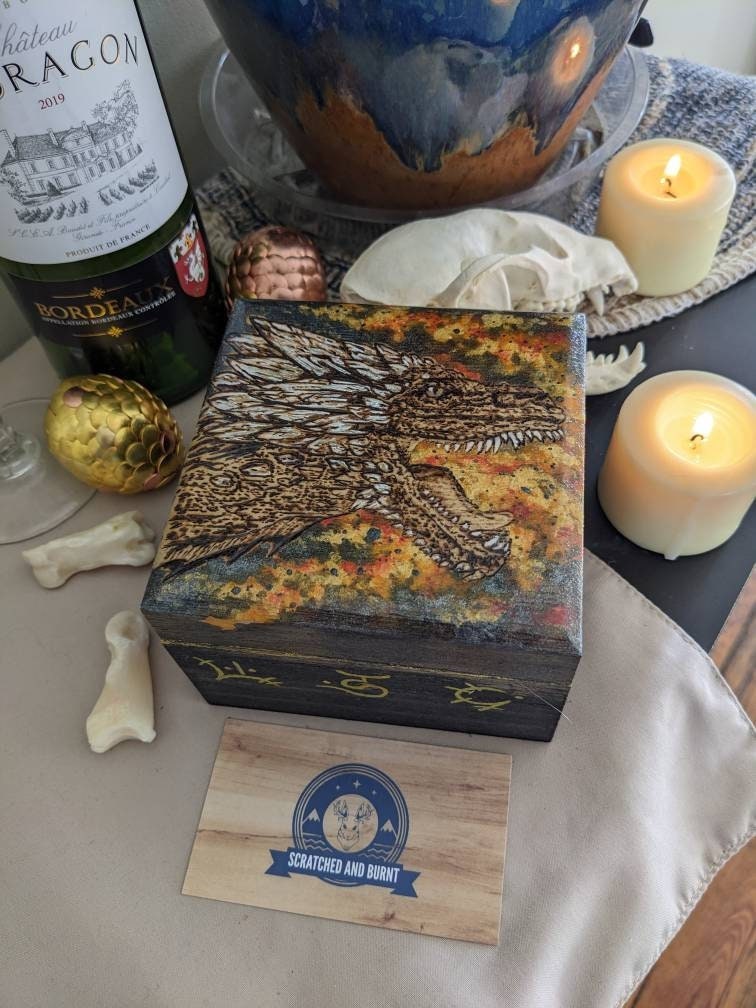 Wooden Box With Dragon Fire Art