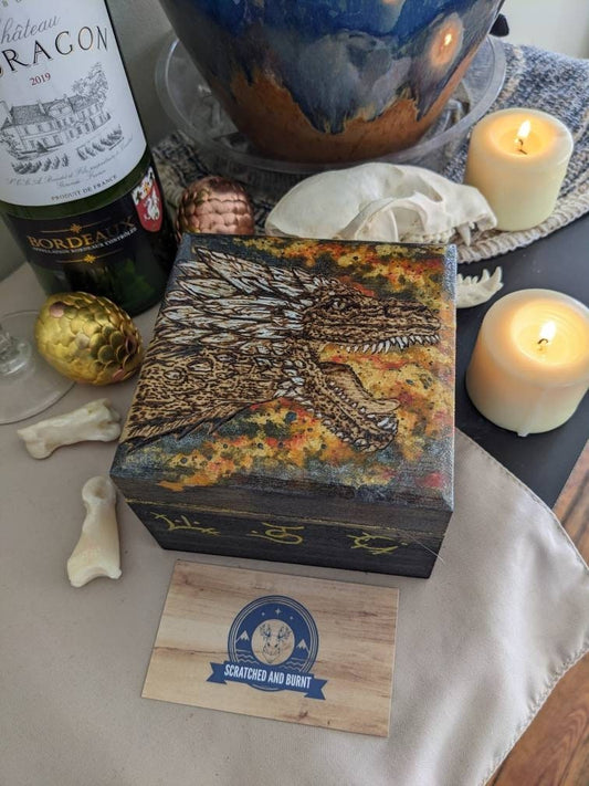 Wooden Box With Dragon Fire Art